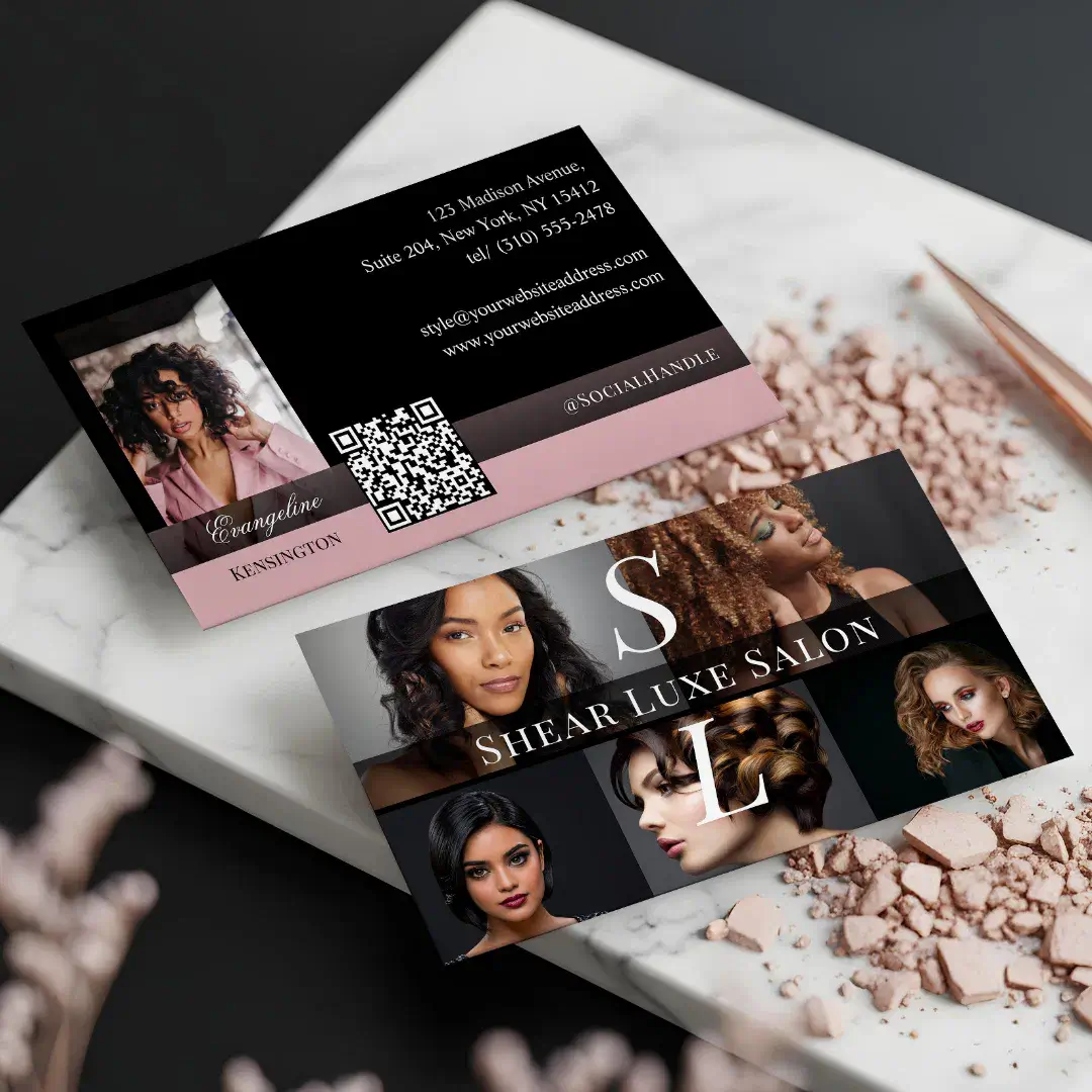 Photo Hair Salon Stylist Luxe Monogram Black Pink Business Card