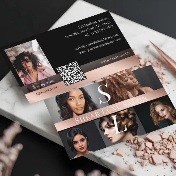 Photo Hair Salon Stylist Luxe Monogram Black Rose Business Card