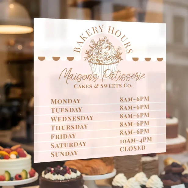 Pink Floral Cupcake Bakery Pastry Shop Store Hours Window Cling