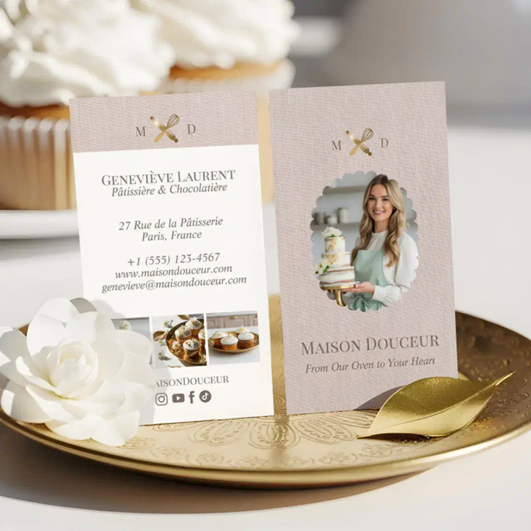 Pink Linen Elegant Chic Bakery Gold Whisk Photo Business Card