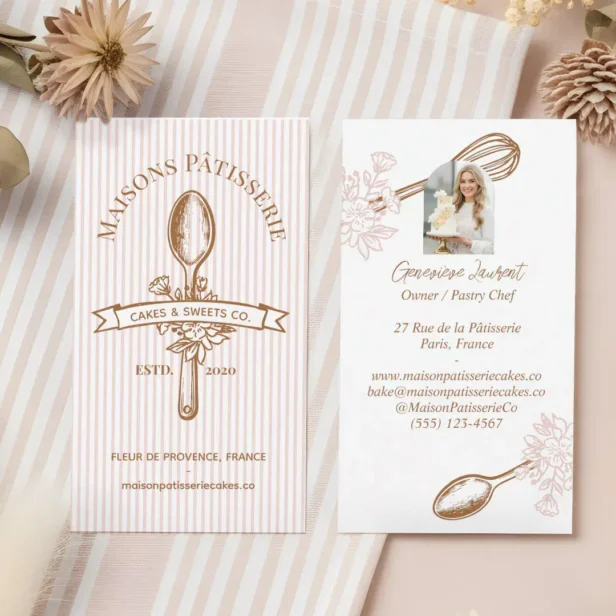 Pink Stripe Floral Spoon Pastry Cakes Bakery Chef Business Card