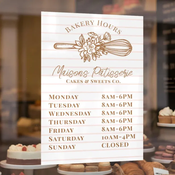 Pink Stripe Floral Whisk Bakery Shop Store Hours Window Cling