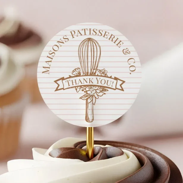 Pink Stripe Floral Whisk Pastry Bakery Thank You Classic Round Sticker