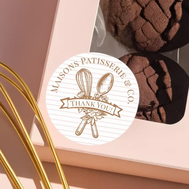 Pink Stripe Floral Whisk Spoon Bakery Thank You Classic Round Sticker