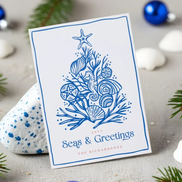 Seas & Greeting Ocean Coastal Beach Christmas Tree Letterpress Photo Cards