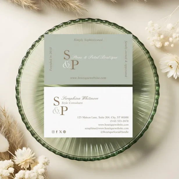 Sleek Chic Minimal Elegant Boutique Monogram Logo Green Business Card