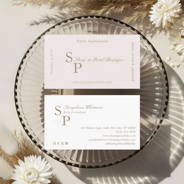 Sleek Chic Minimal Elegant Boutique Monogram Logo Pale Pink Beige Business Card