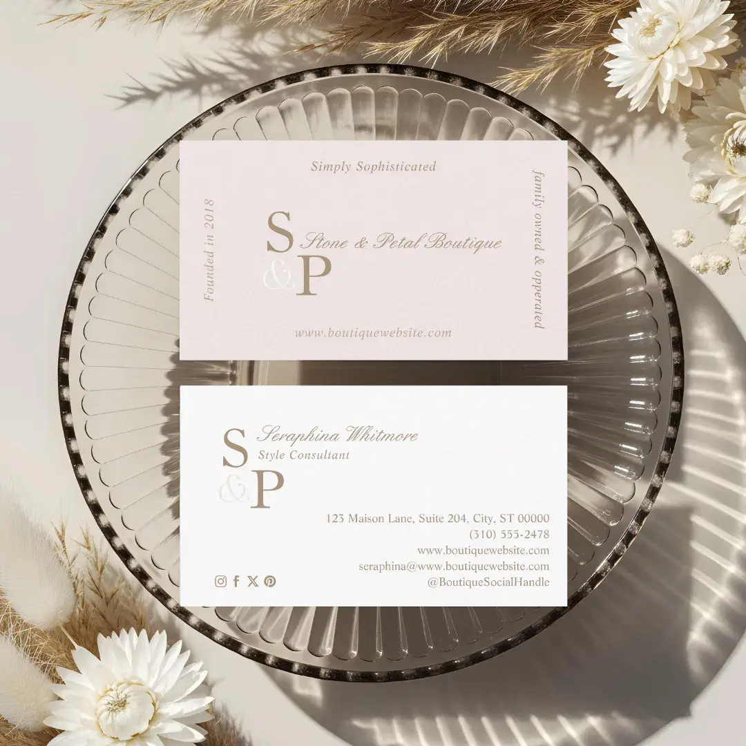 Sleek Chic Minimal Elegant Boutique Monogram Logo Pale Pink Beige Business Card