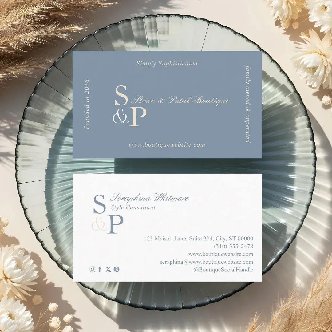 Sleek Chic Minimal Elegant Boutique Monogram Logo Pale Blue Business Card