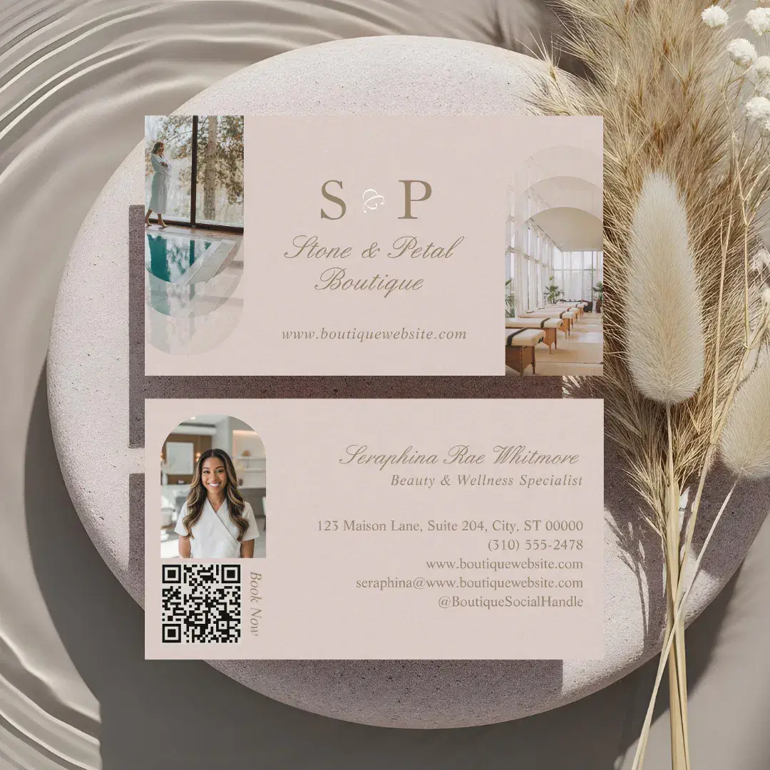 Stylish Chic Elegant Arch Photos Monogram QR Code Pink Business Card