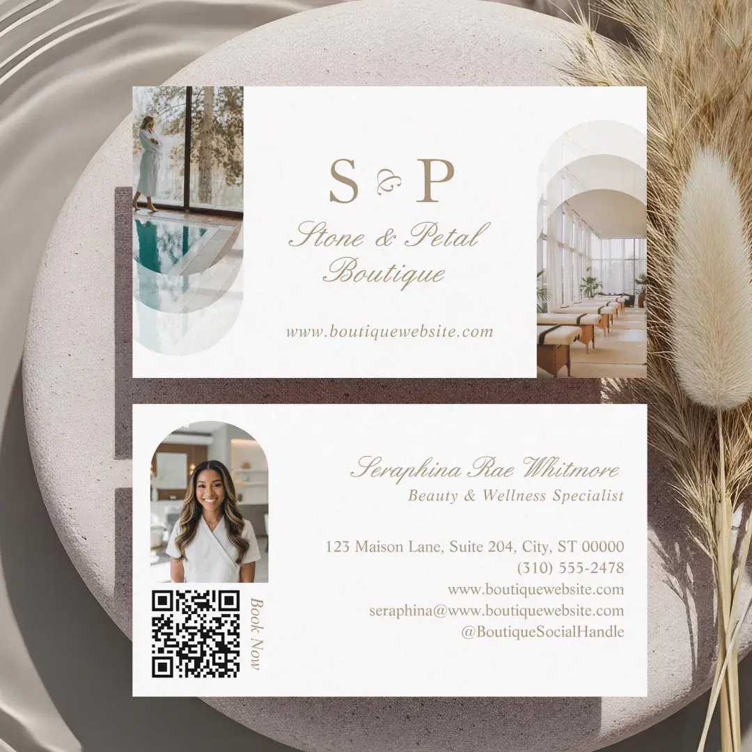 Stylish Chic Elegant Arch Photos Monogram QR Code White Business Card