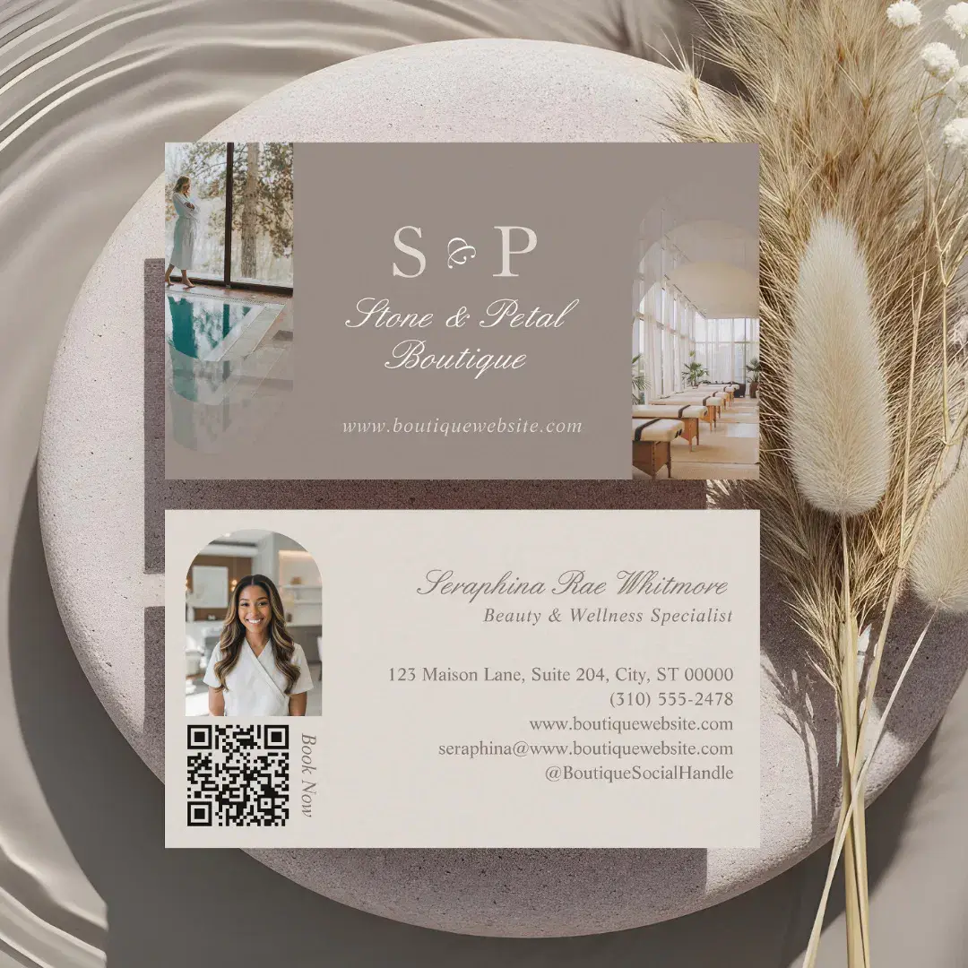 Stylish Chic Elegant Arch Photos Monogram QR Code Beige Business Card
