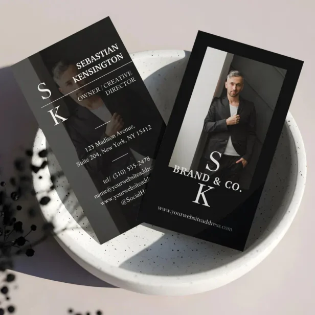 Stylish Minimal Modern Monogram Professional Photo Black Business Card
