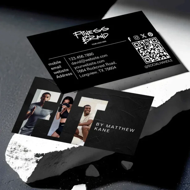 Trendy Edgy Personal Trainer Fitness Photo Letter Black Business Card