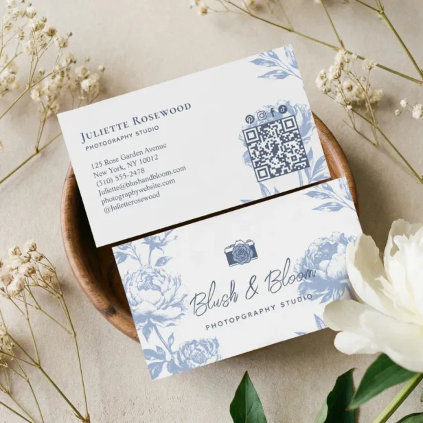 Vintage Camera Chic Hand Drawn Floral Photographer Blue Business Card
