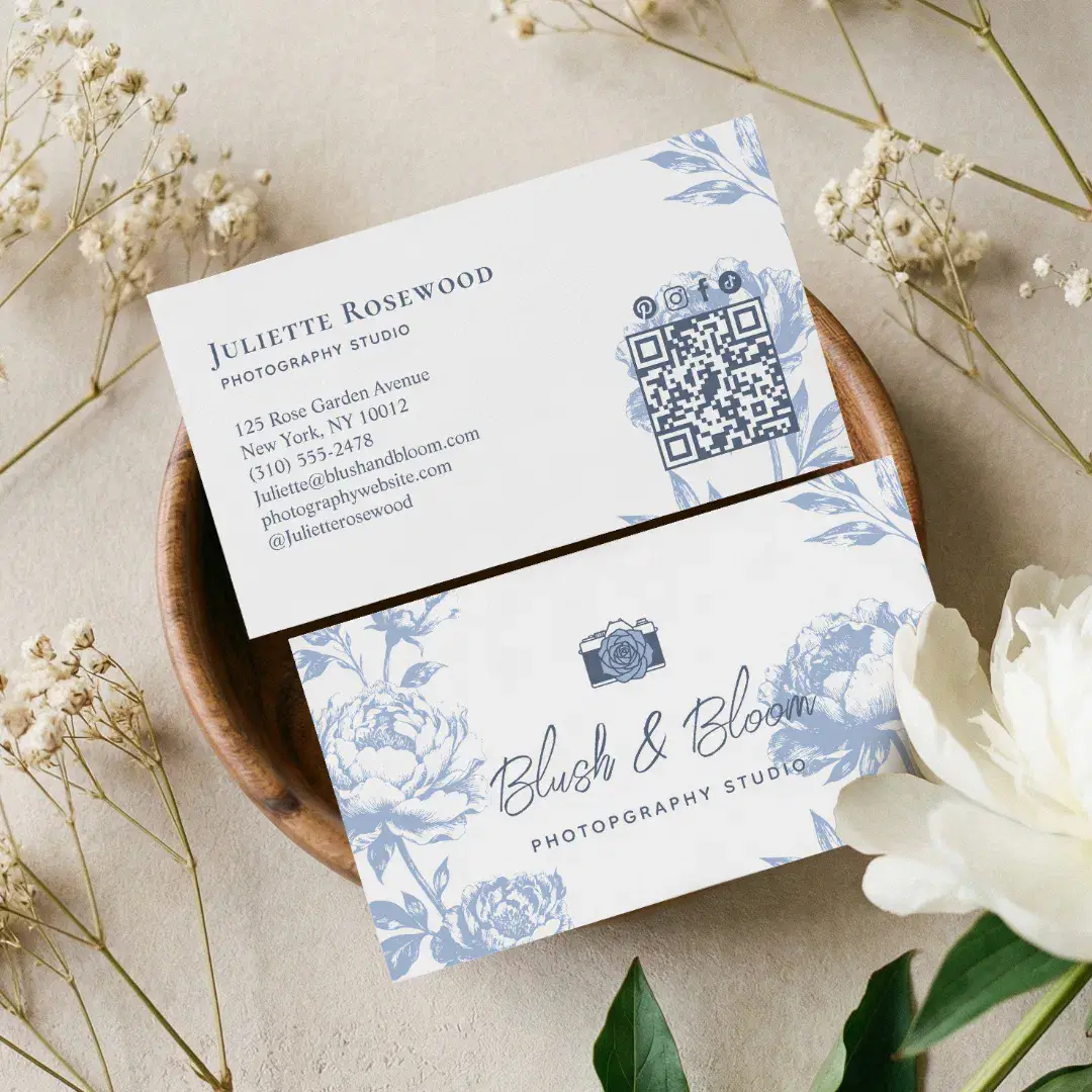 Vintage Camera Chic Hand Drawn Floral Photographer Blue Business Card