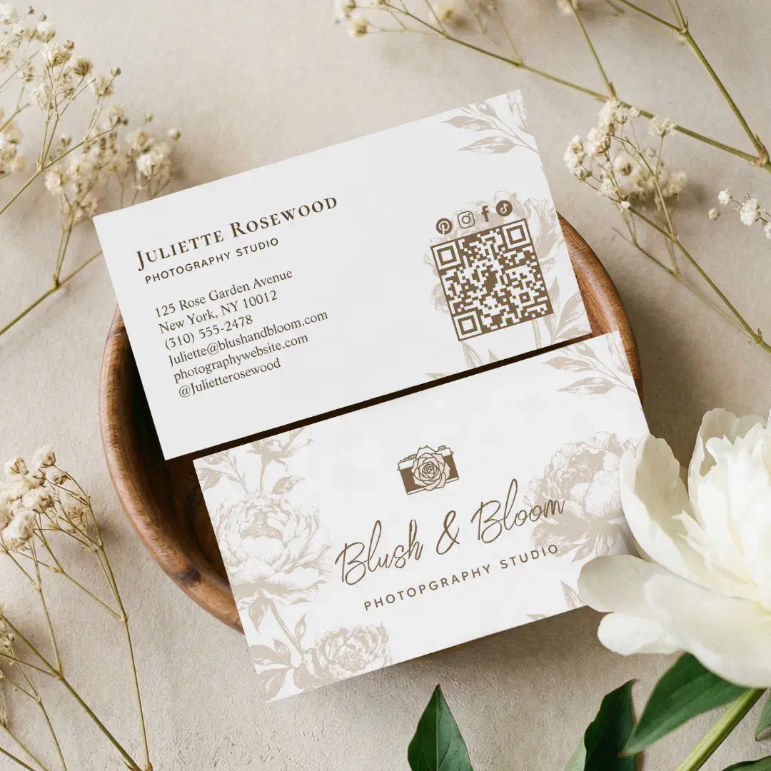 Vintage Camera Chic Hand Drawn Floral Photographer Beige Business Card