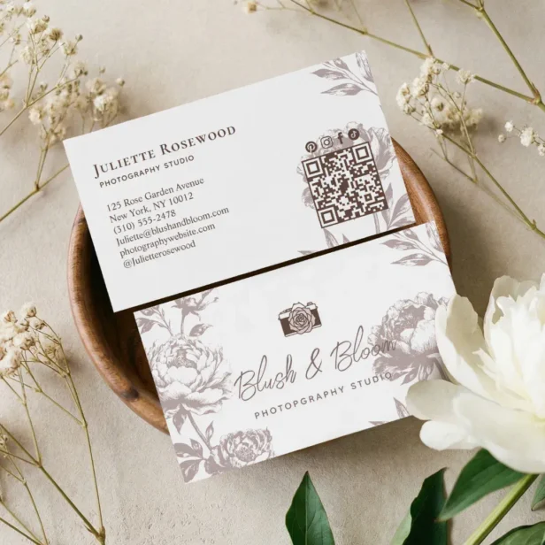 Vintage Camera Chic Hand Drawn Floral Photographer Brown Business Card