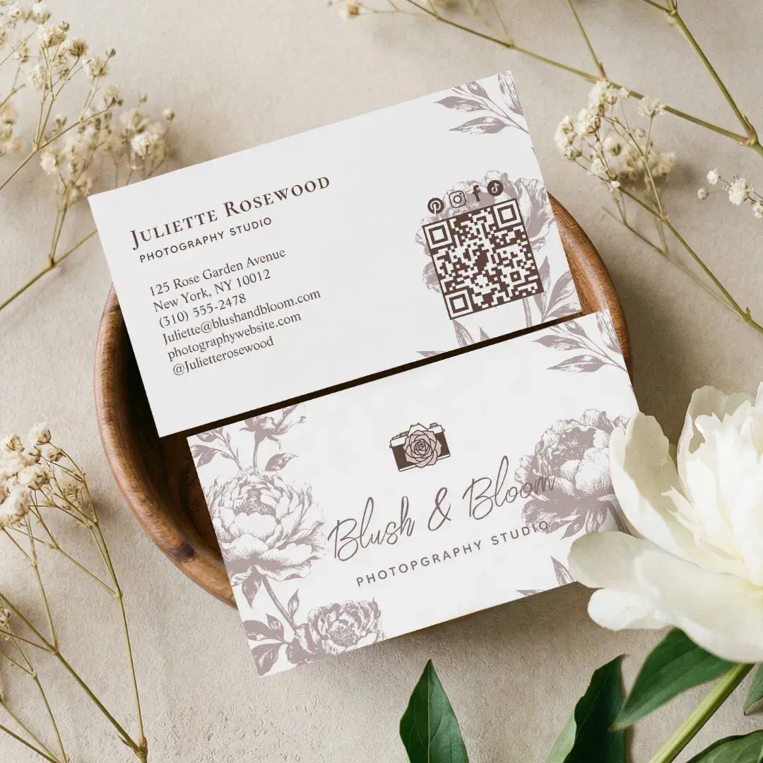 Vintage Camera Chic Hand Drawn Floral Photographer Brown Business Card