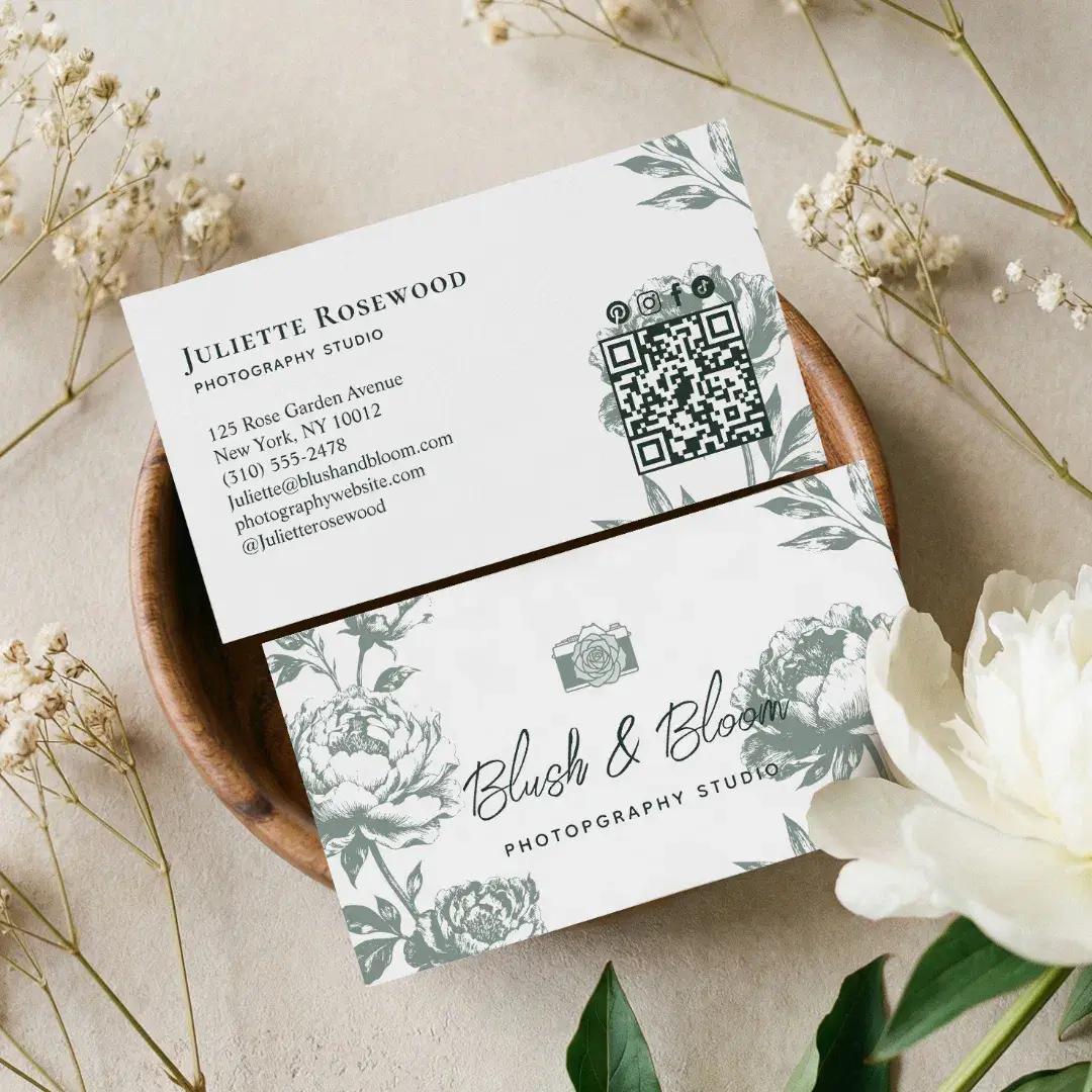 Vintage Camera Chic Hand Drawn Floral Photographer Green Business Card