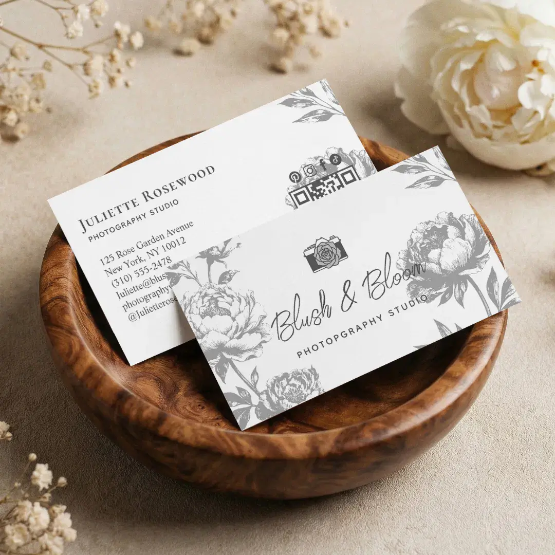 Vintage Camera Chic Hand Drawn Floral Photographer Grey Business Card