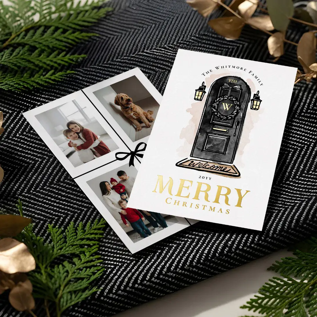 Watercolor Hand Drawn Black Door Christmas Wreath Foil Holiday Card