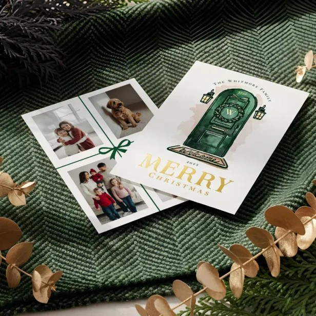 Watercolor Hand Drawn Green Door Christmas Wreath Foil Holiday Card