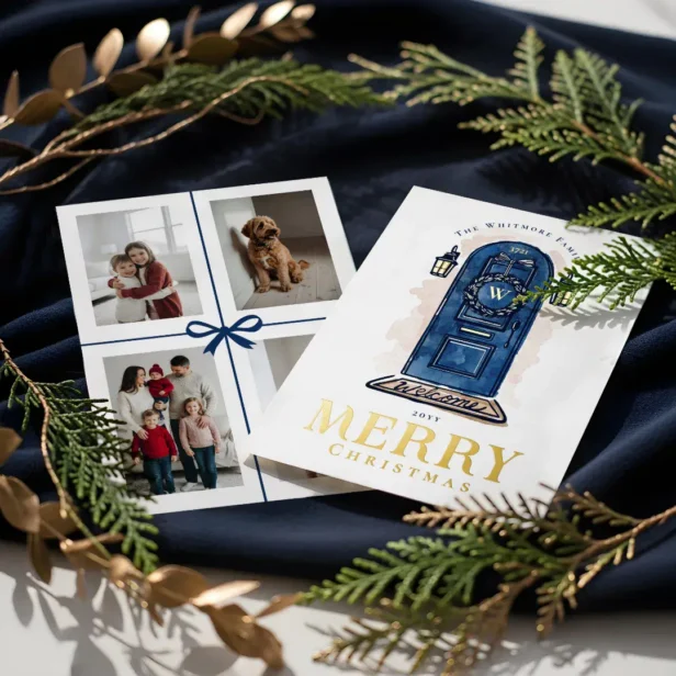 Watercolor Hand Drawn Navy Door Christmas Wreath Foil Holiday Card