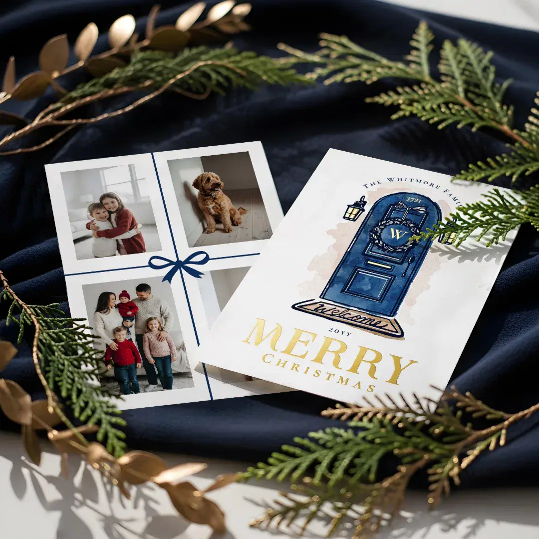 Watercolor Hand Drawn Navy Door Christmas Wreath Foil Holiday Card