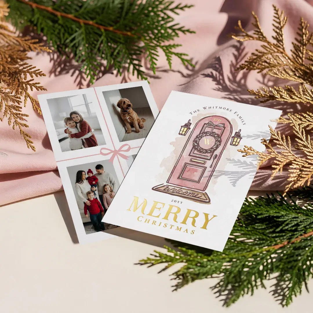 Watercolor Hand Drawn Pink Door Christmas Wreath Foil Holiday Card