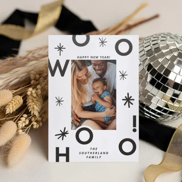 Woohoo! Happy New Year Minimal Bold Letters Photo Letterpress Photo Cards