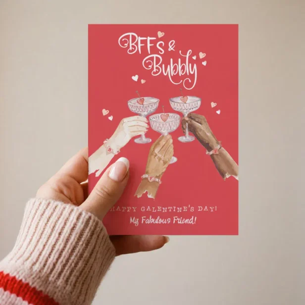 BFFs & Bubbly Happy Galentine's Day Cocktail Cheer Red Holiday Card