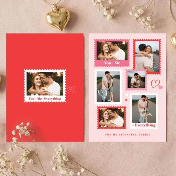 Cute Postage Stamp Photo Collage Hearts Valentine Holiday Card