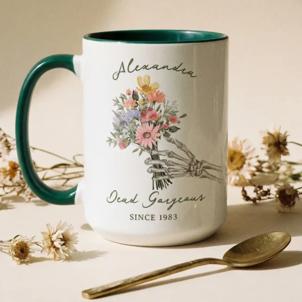 Dead Gorgeous Name Year Gothic Skeleton Wildflower Mug