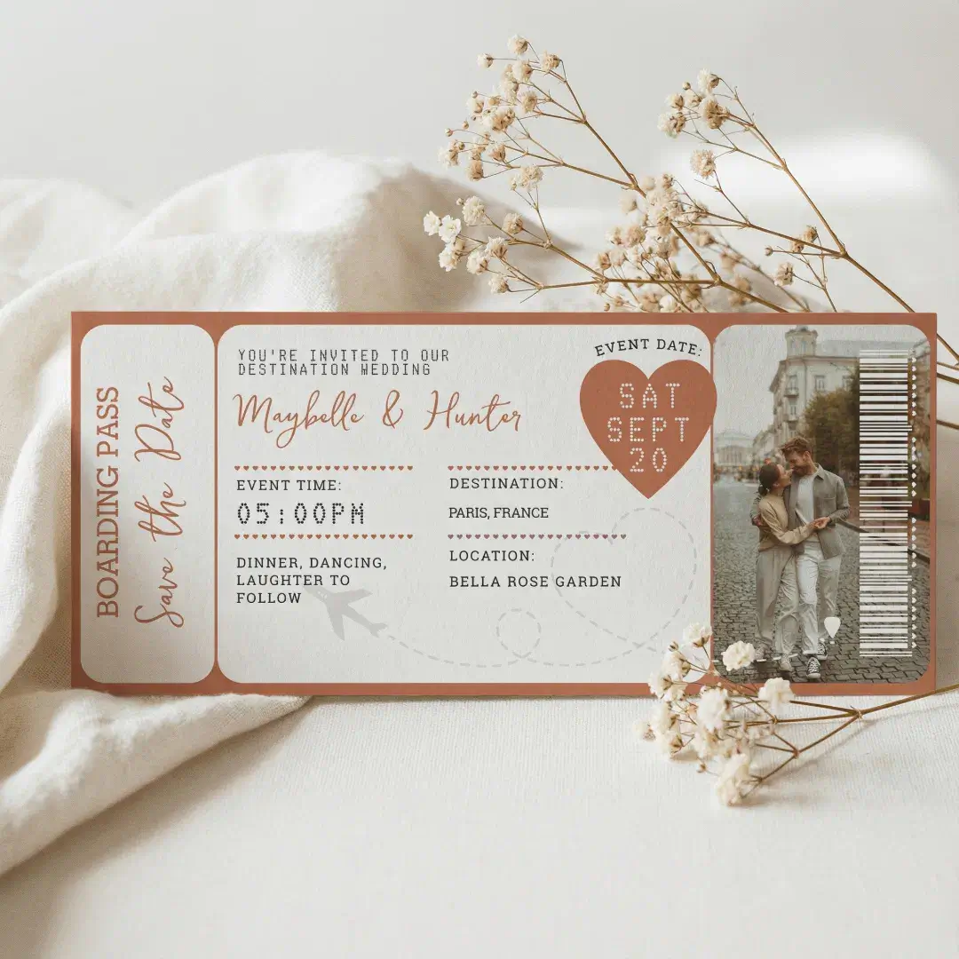 Destination Wedding Boarding Pass Plane Ticket Terracotta Orange Magnet Card