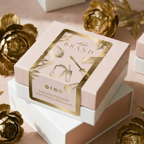 Elegant Luxe Pink Gold Floral Beauty Business Box Label