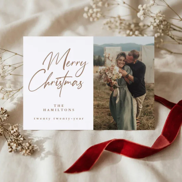 Elegant Merry Christmas Script Newlyweds Photo Letterpress Photo Cards