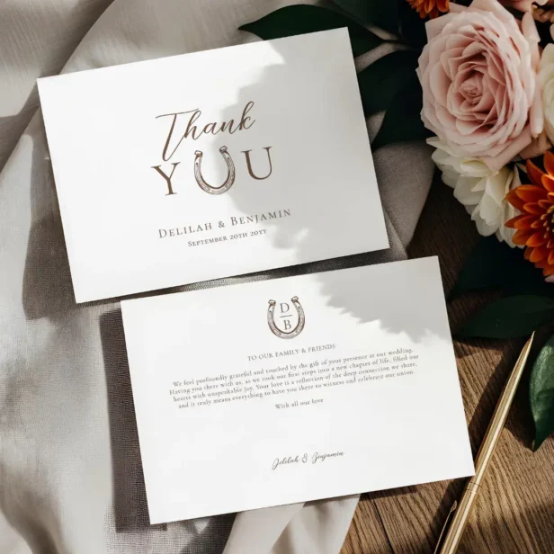 Elegant Western Rustic Wedding Horseshoe Monogram Thank You Card
