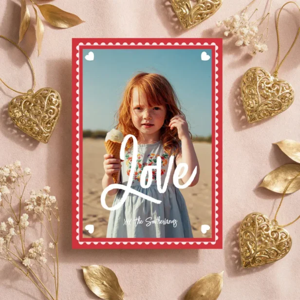 Fun Family Photo Love Script Heart Valentine’s Day Holiday Card