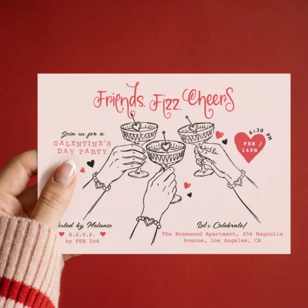 Galentine’s Pink Red Hand Drawn Cocktail Party Invitation