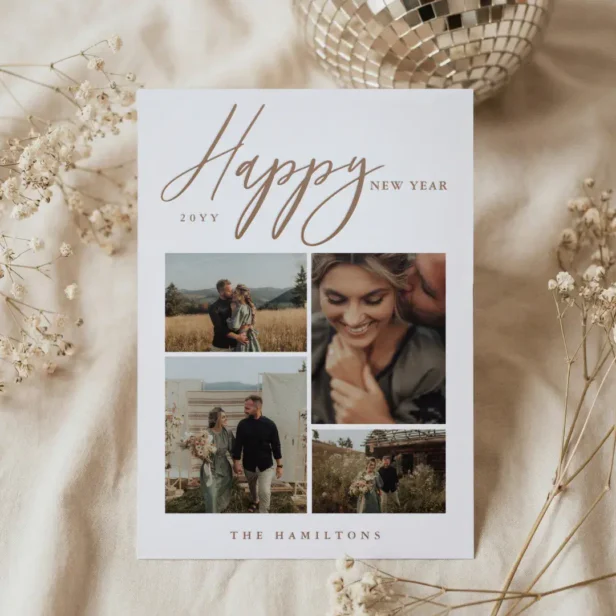 Happy New Year Script Newlyweds Photo Collage Letterpress Photo Cards