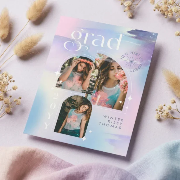 Bold Iridescent Watercolor Photo Grad Announcement