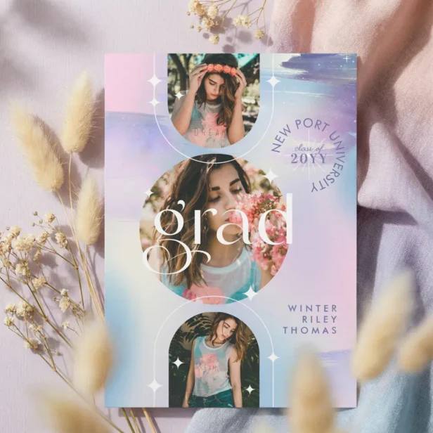 Bold Iridescent Watercolor Photo Grad Announcement
