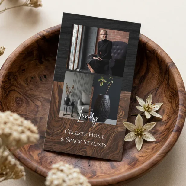 Luxury Black Elegant Photo Layout Real Estate Vertical Business Card