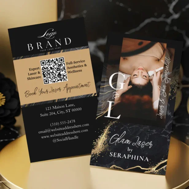 Luxury Laser & Skin Technician Black Gold Agate Business Card