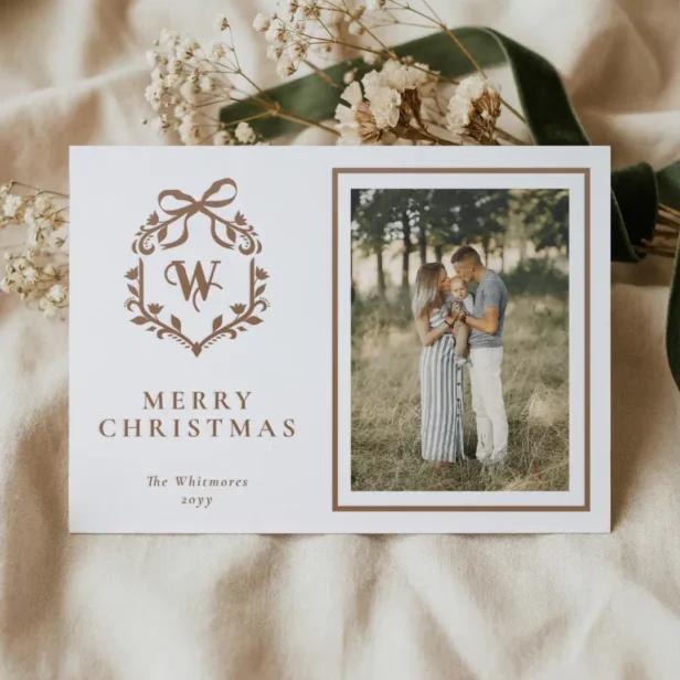 Merry Christmas Elegant Bow Monogram Crest Photo Letterpress Photo Cards