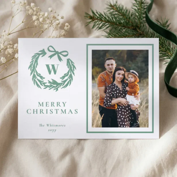 Merry Christmas Monogram Bow Wreath Family Photo Letterpress Photo Cards