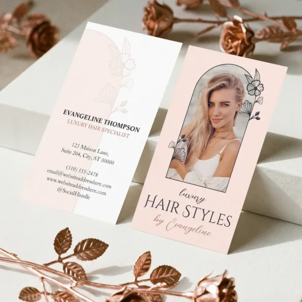 Modern Hair Stylist Studio Floral Rose Arch Photo Business Card
