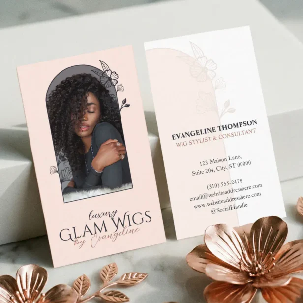 Modern Pink Wig Hair Salon Floral Rose Arch Photo Business Card