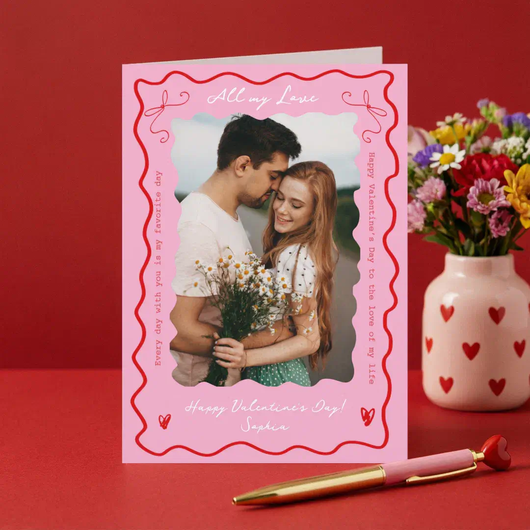 Modern Retro Wavy Pink Red Couple Photo Valentines Holiday Card